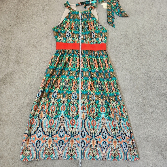 Eliza J Pleated Smocked Orange and Green Resort Maxi Dress - Picture 11 of 13